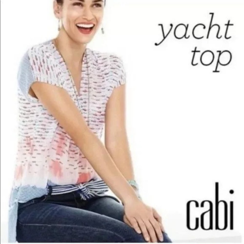 XS CAbi EUC Yacht Top Blouse Sheer V Neck Red White Blue Style # 5115